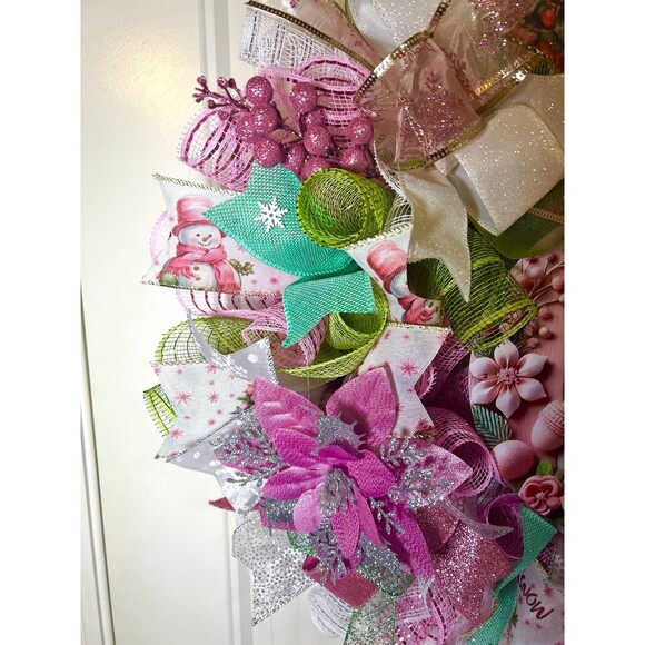 Handmade Pink Winter Snowman Holiday Ribbon Door Wreath 22 ins W81 - Picture 7 of 11